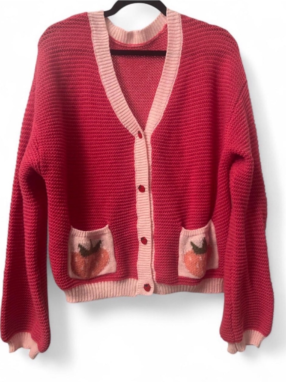 Pink Knit Handmade Strawberry Cardigan with Contrast Trim and Pocket Motifs